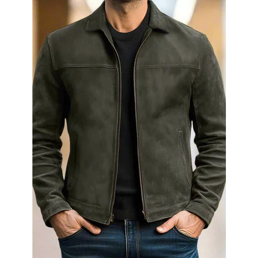 Men’s Full Size Zip Up Long Sleeve Jacket Plus Army Green / S Apparel and Accessories