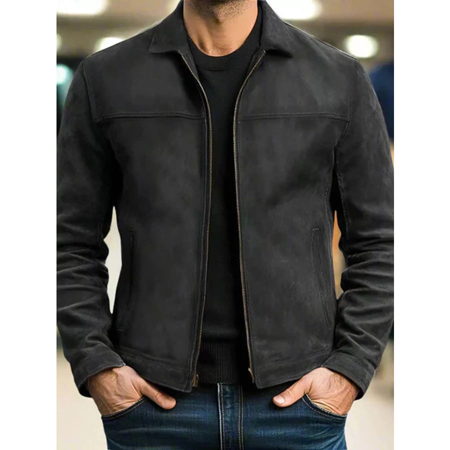 Men’s Full Size Zip Up Long Sleeve Jacket Plus Black / S Apparel and Accessories