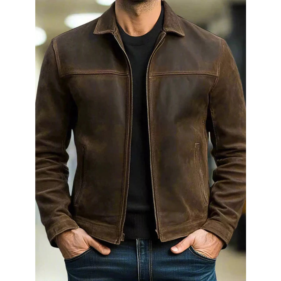Men’s Full Size Zip Up Long Sleeve Jacket Plus Brown / S Apparel and Accessories