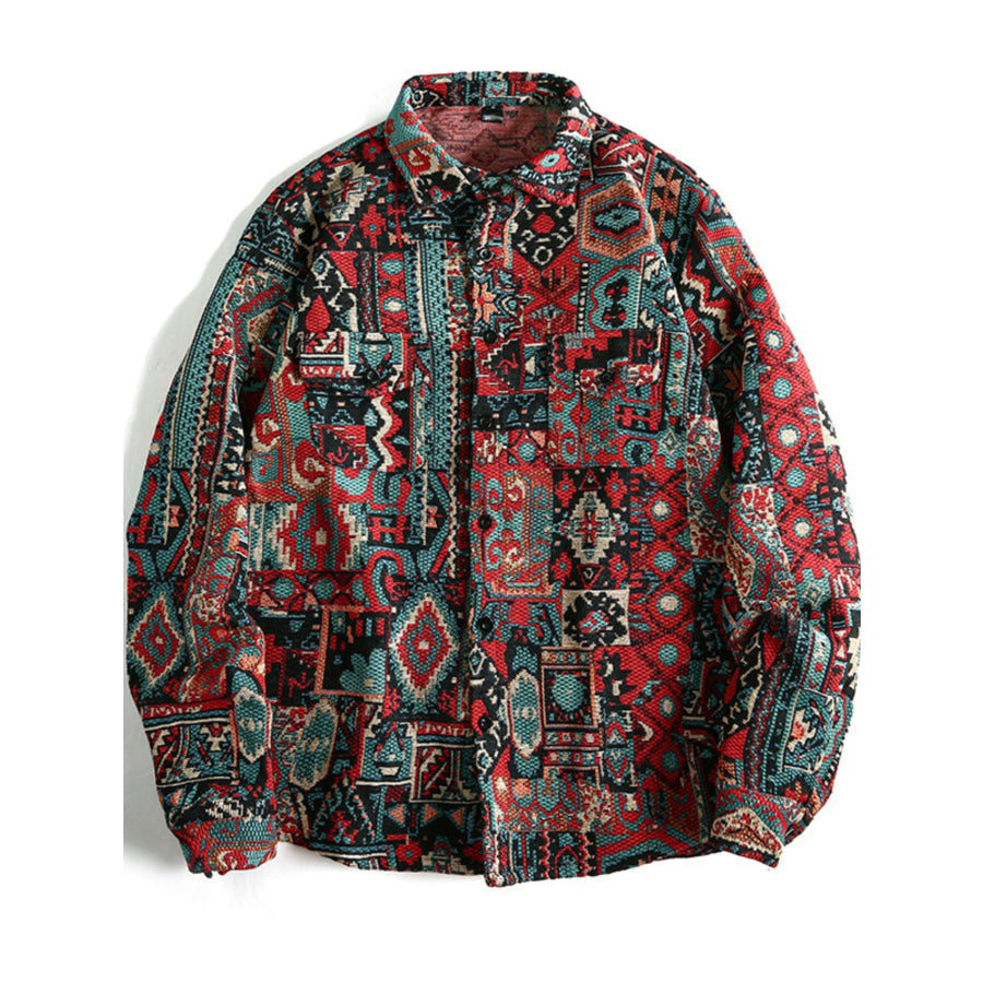 Men’s Geometric Button Up Shacket Burgundy / S Apparel and Accessories