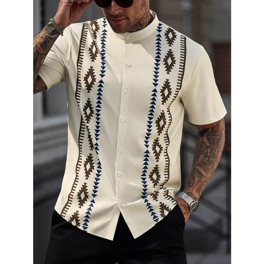 Men’s Geometric Print Short Sleeve Shirt Beige / S Apparel and Accessories