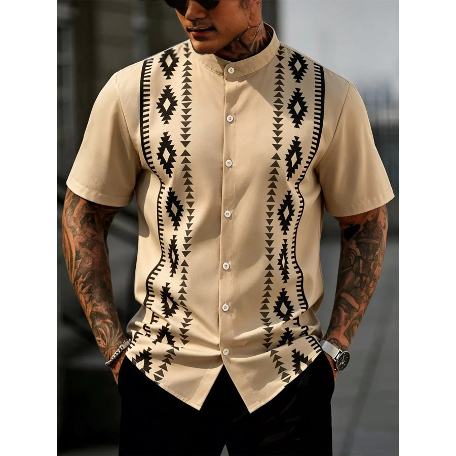 Men’s Geometric Print Short Sleeve Shirt Camel / S Apparel and Accessories