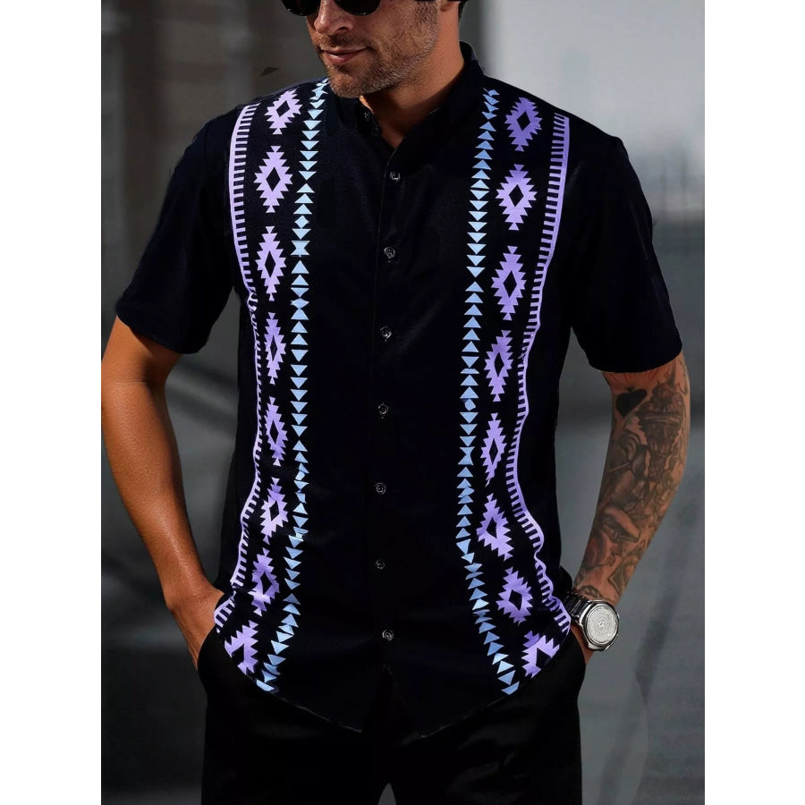 Men’s Geometric Print Short Sleeve Shirt Electric Purple / S Apparel and Accessories