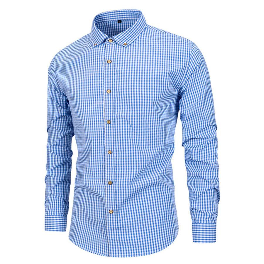 Men’s Gingham Button-Down Long Sleeve Shirt Light Blue / S Apparel and Accessories