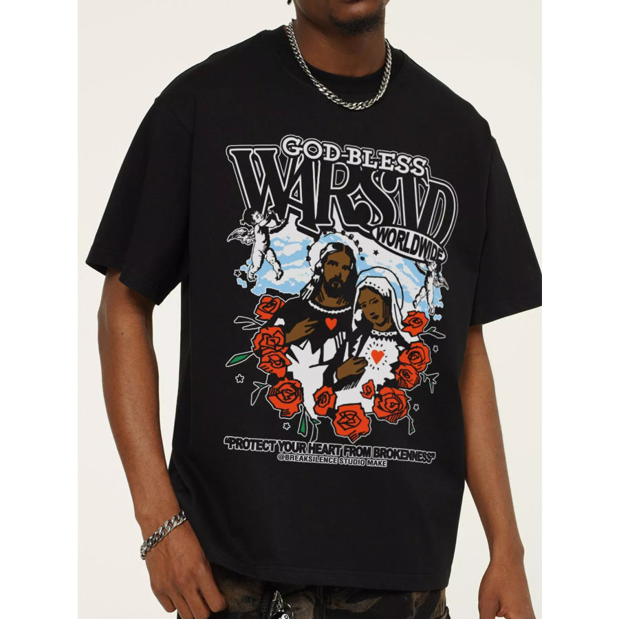 Men’s God-Bless Graphic Print Vintage Wash T-Shirt Black / S Apparel and Accessories