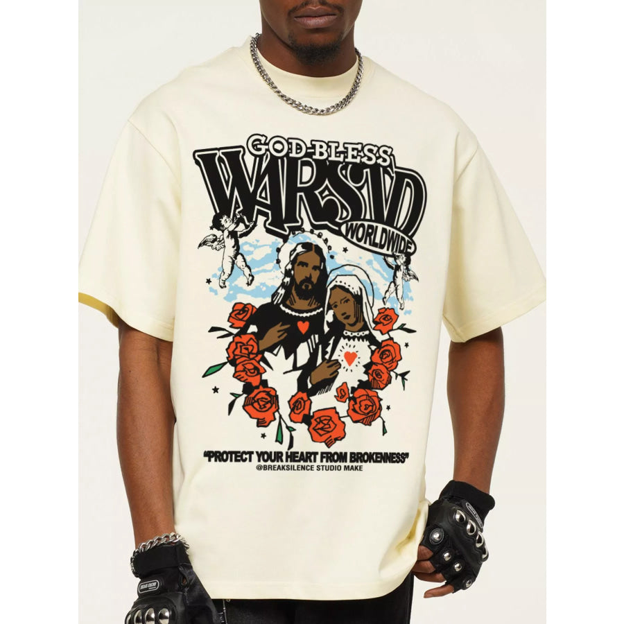 Men’s God-Bless Graphic Print Vintage Wash T-Shirt Cream / S Apparel and Accessories