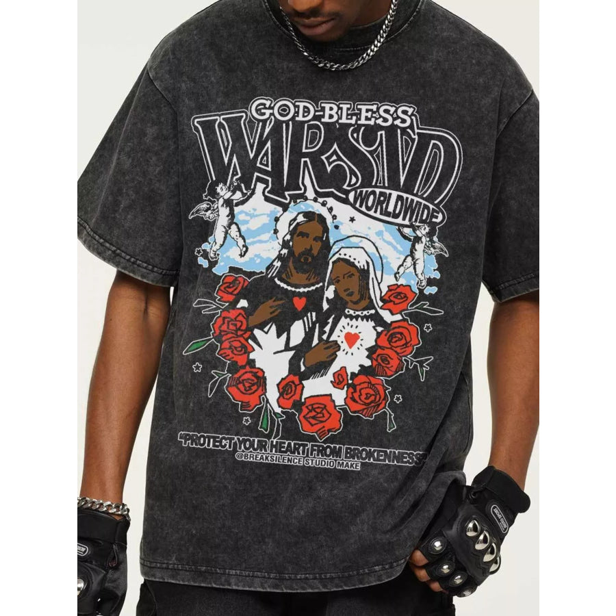 Men’s God-Bless Graphic Print Vintage Wash T-Shirt Dark Gray / S Apparel and Accessories