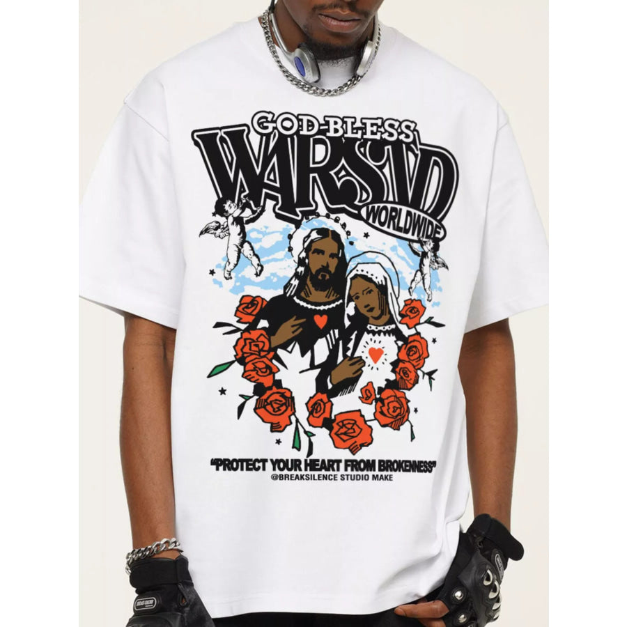 Men’s God-Bless Graphic Print Vintage Wash T-Shirt White / S Apparel and Accessories