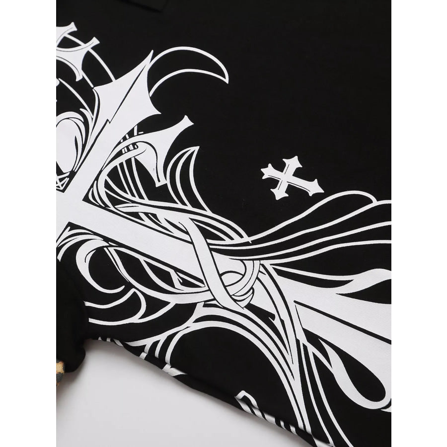 Men’s Gothic Cross Print Polo with Leopard Collar Apparel and Accessories