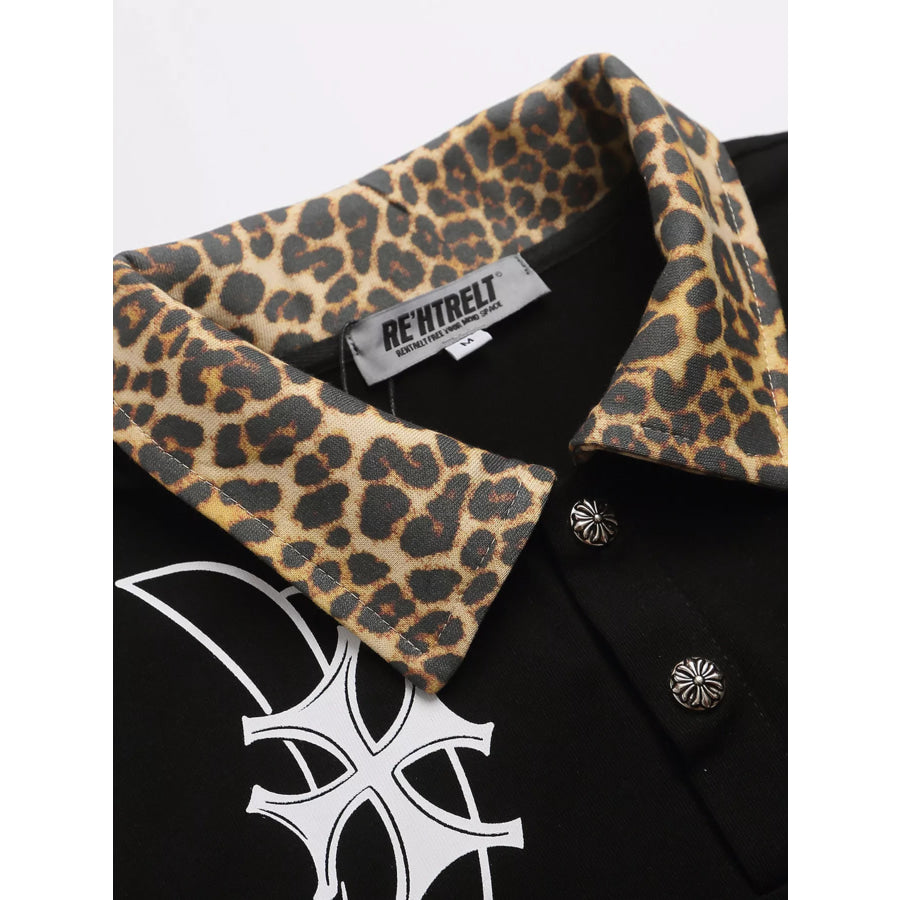 Men’s Gothic Cross Print Polo with Leopard Collar Apparel and Accessories