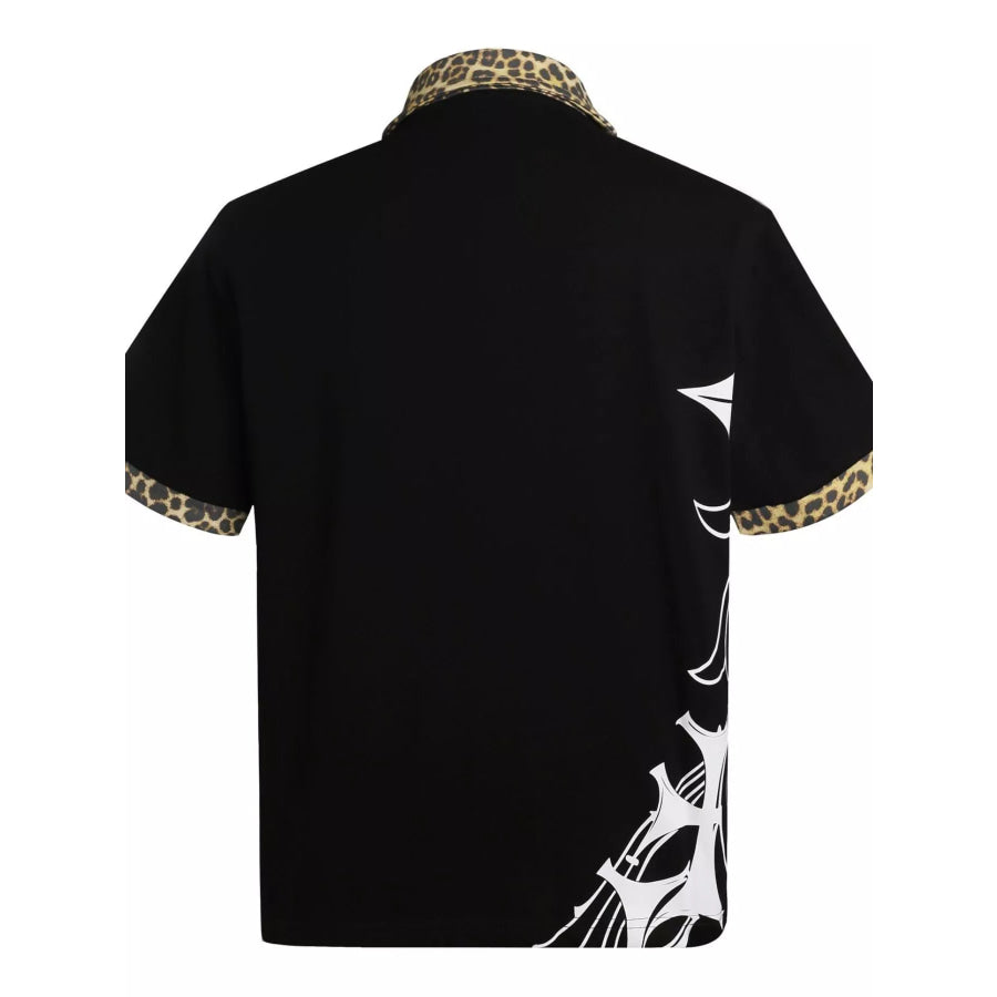 Men’s Gothic Cross Print Polo with Leopard Collar Apparel and Accessories