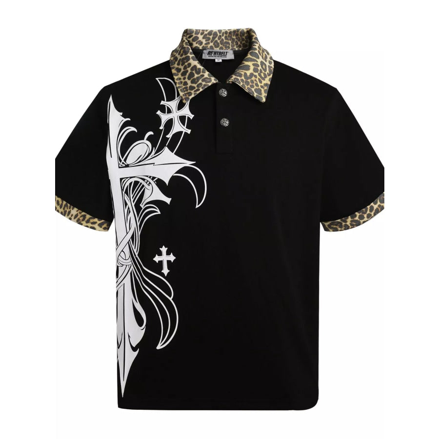 Men’s Gothic Cross Print Polo with Leopard Collar Black / M Apparel and Accessories