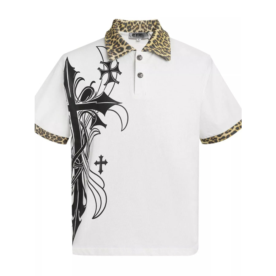 Men’s Gothic Cross Print Polo with Leopard Collar White / M Apparel and Accessories