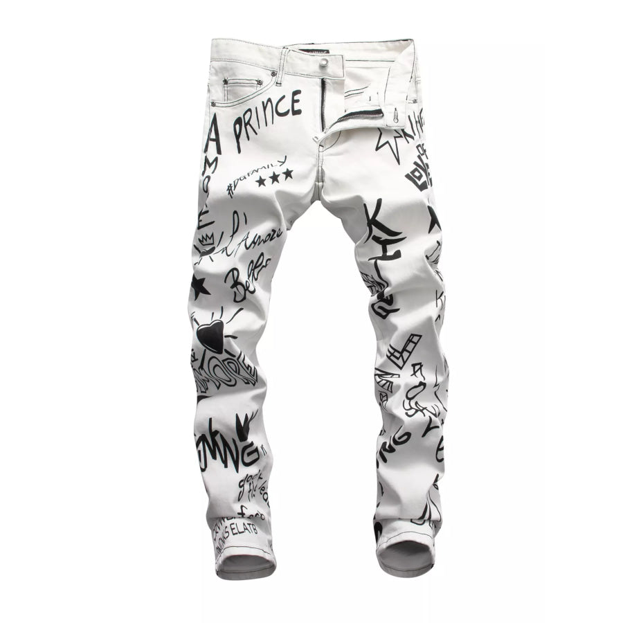 Men’s Graffiti Print Slim Fit Jeans White / 28 Apparel and Accessories