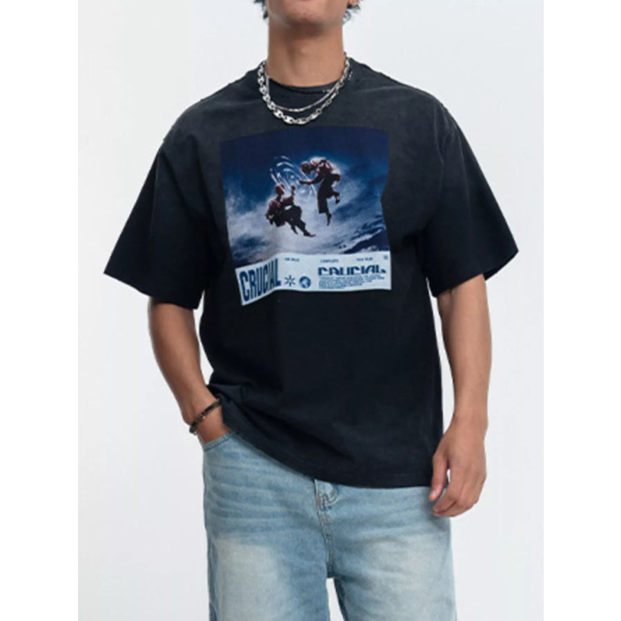 Men’s Graphic Round Neck Oversized T-Shirt Black / S Apparel and Accessories