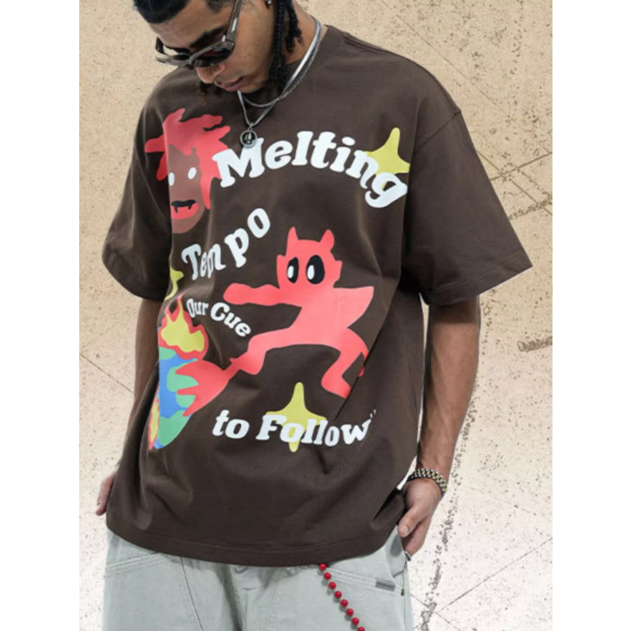 Men’s Graphic Round Neck Oversized T-Shirt Brown / S Apparel and Accessories