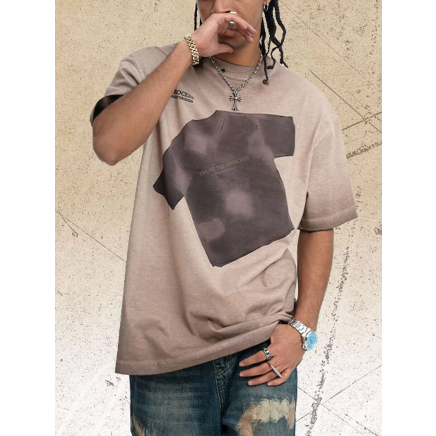 Men’s Graphic Washed Round Neck T-Shirt Khaki / S Apparel and Accessories