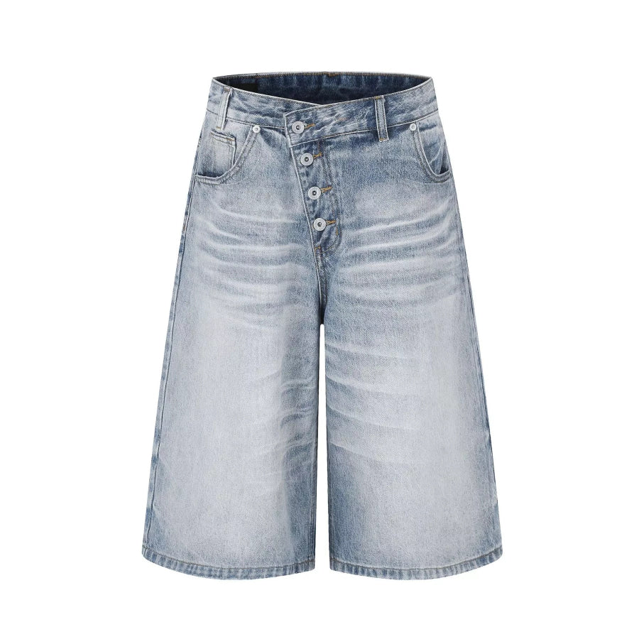 Men’s High-Waisted Asymmetric Button-Fly Wide-Leg Denim Capris Blue / S Apparel and Accessories