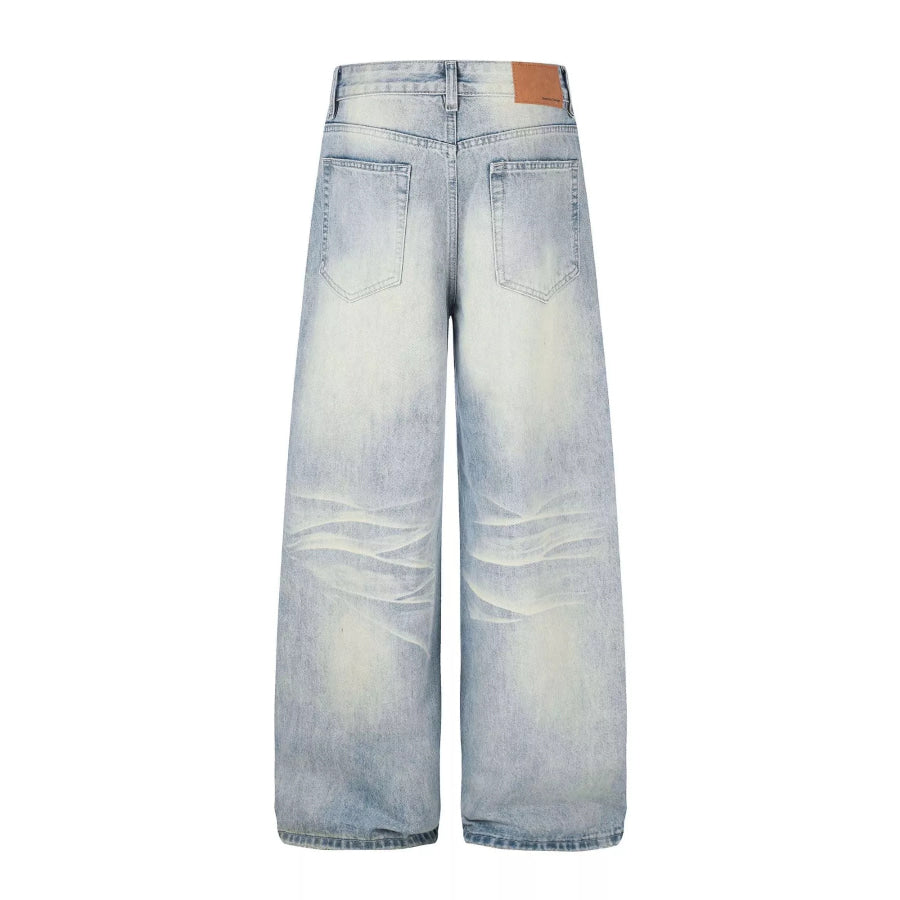 Men’s High-Waisted Button-Fly Wide-Leg Vintage Washed Jeans Blue / S Apparel and Accessories