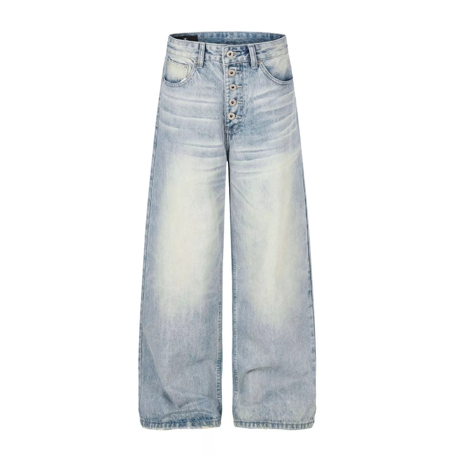 Men’s High-Waisted Button-Fly Wide-Leg Vintage Washed Jeans Blue / S Apparel and Accessories