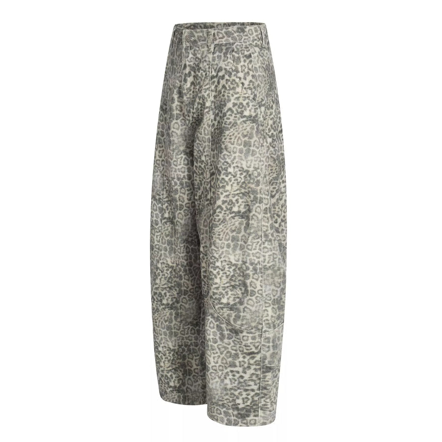Men’s High-Waisted Leopard Print Wide-Leg Barrel Pants Apparel and Accessories