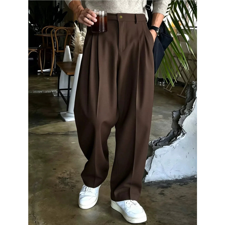 Men’s High-Waisted Pleated Wide-Leg Dress Pants Coffee Brown / S Apparel and Accessories