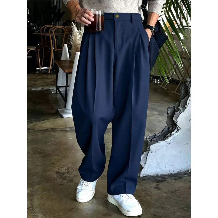 Men’s High-Waisted Pleated Wide-Leg Dress Pants Navy / S Apparel and Accessories