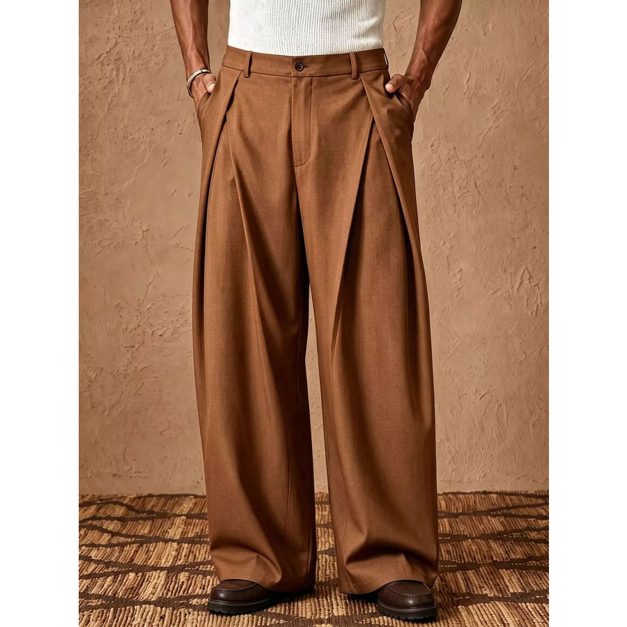 Men’s High-Waisted Wide-Leg Pleated Dress Pants Caramel / S Apparel and Accessories