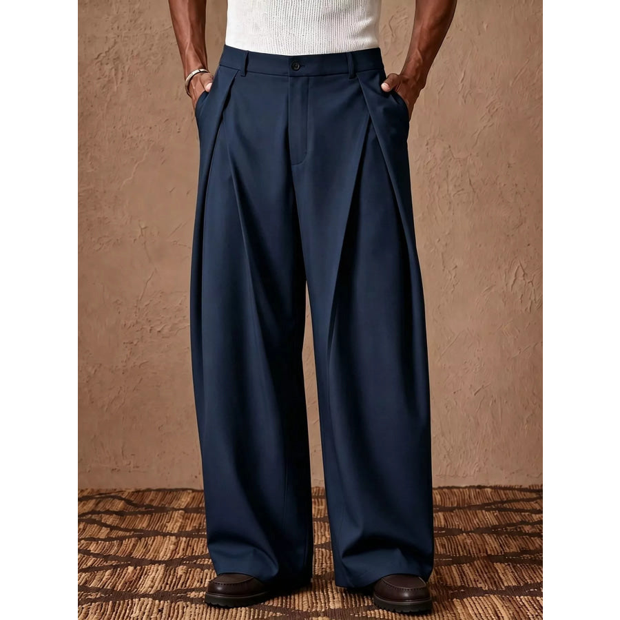 Men’s High-Waisted Wide-Leg Pleated Dress Pants Navy / S Apparel and Accessories