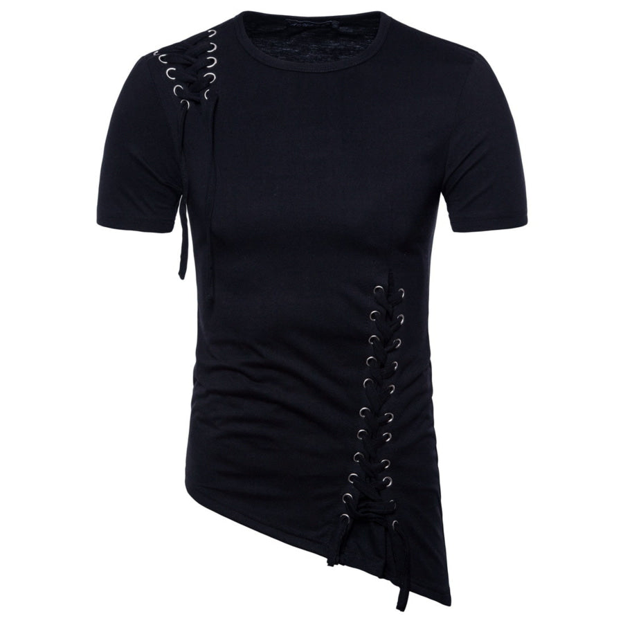 Men’s Lace-Up Asymmetric Hem T-Shirt Black / S Apparel and Accessories