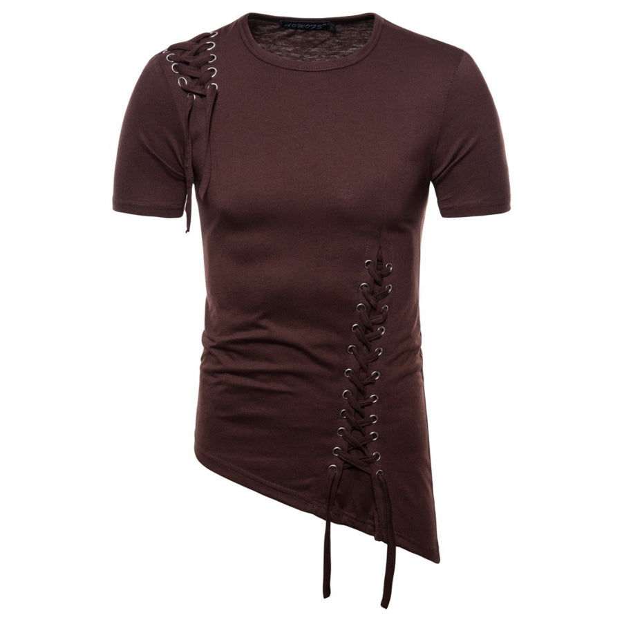 Men’s Lace-Up Asymmetric Hem T-Shirt Brown / S Apparel and Accessories