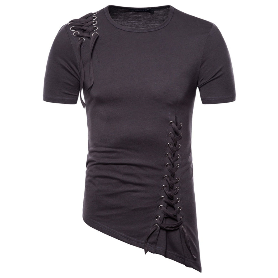Men’s Lace-Up Asymmetric Hem T-Shirt Dark Gray / S Apparel and Accessories