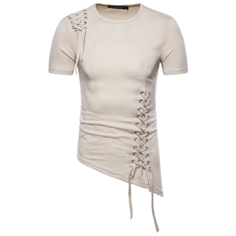 Men’s Lace-Up Asymmetric Hem T-Shirt Light Khaki / S Apparel and Accessories