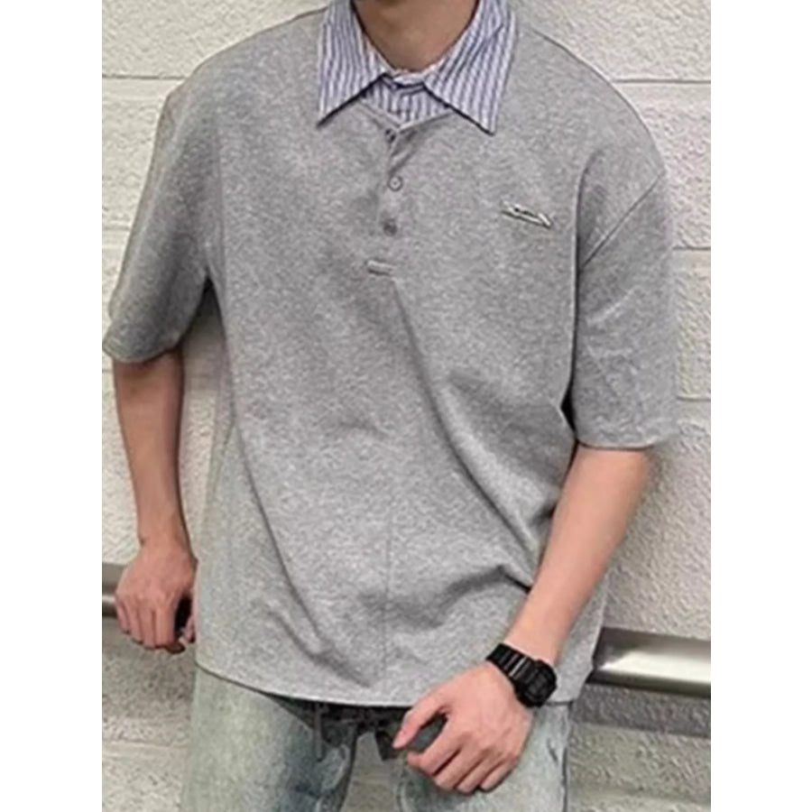 Men’s Layered Striped Collar Short Sleeve Polo Grey / M Apparel and Accessories