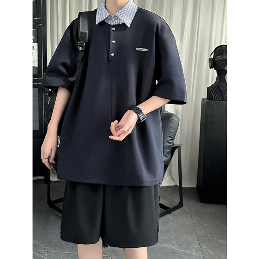 Men’s Layered Striped Collar Short Sleeve Polo Navy Blue / M Apparel and Accessories