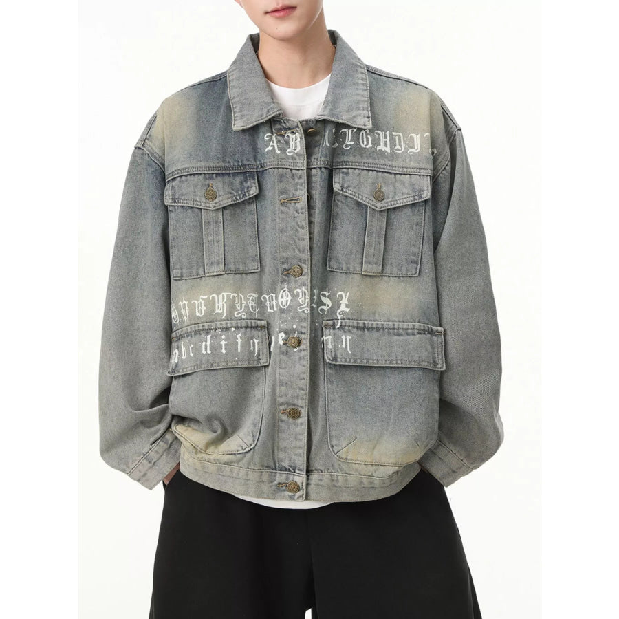 Men’s Letter Print Washed Denim Jacket Gray / S Apparel and Accessories