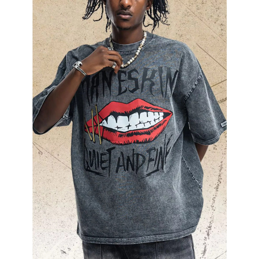 Men’s Lip Graphic Washed Round Neck T-Shirt Apparel and Accessories