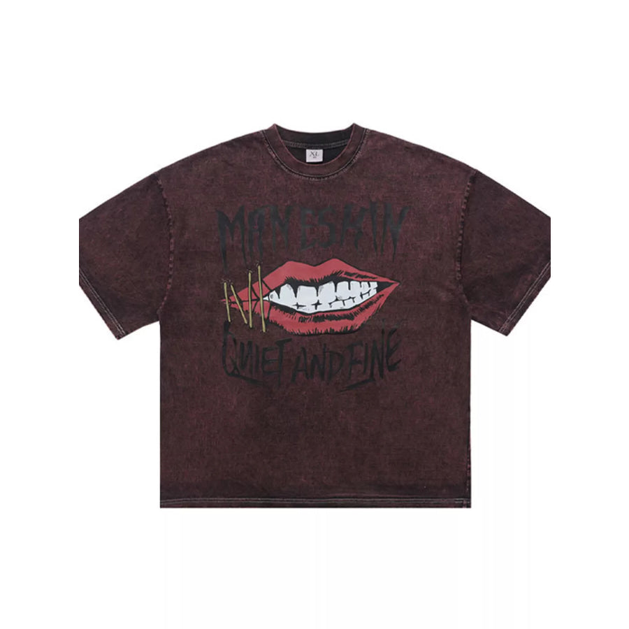 Men’s Lip Graphic Washed Round Neck T-Shirt Apparel and Accessories
