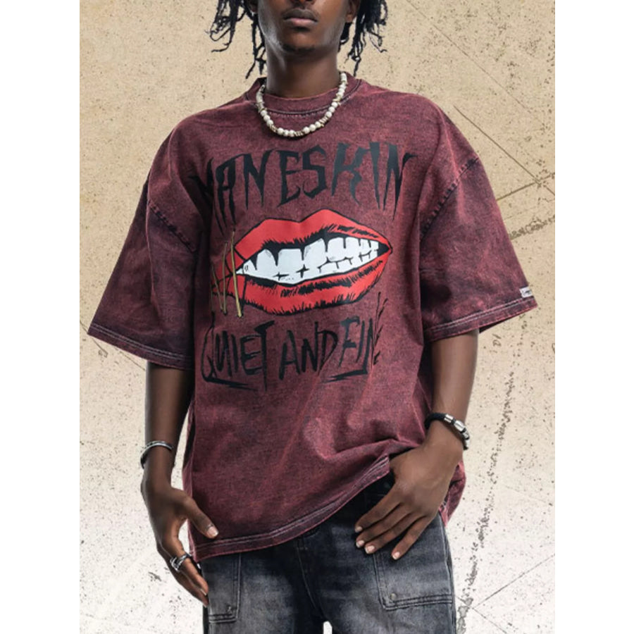 Men’s Lip Graphic Washed Round Neck T-Shirt Burgundy / M Apparel and Accessories