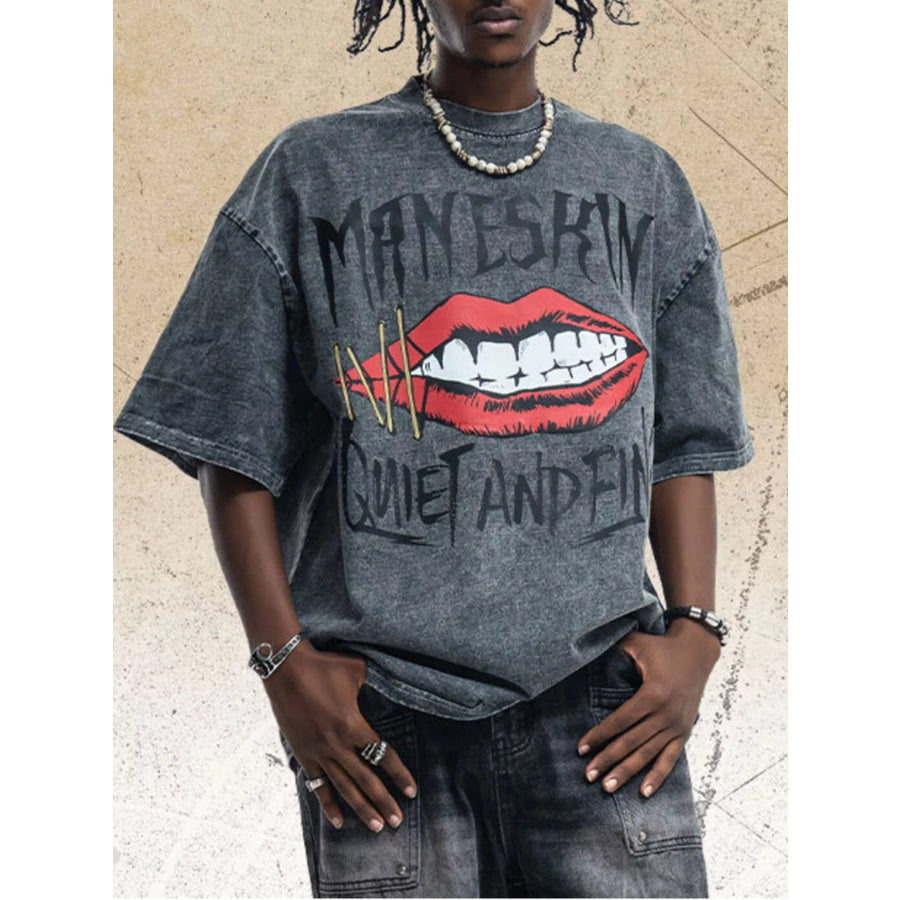 Men’s Lip Graphic Washed Round Neck T-Shirt Dark Gray / M Apparel and Accessories