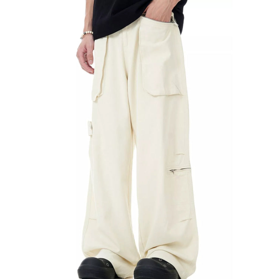 Men’s Loose Fit Multi-Pocket Cargo Pants Cream / S Apparel and Accessories