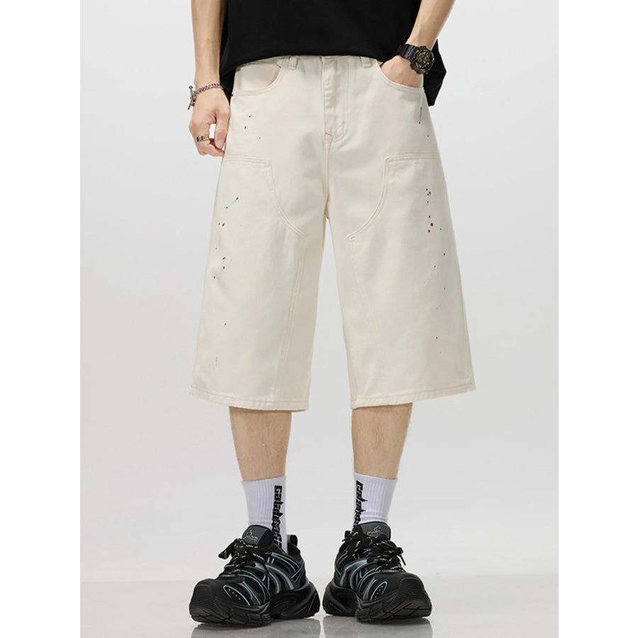 Men’s Loose-Fit Splatter-Paint Denim Capris White / S Apparel and Accessories