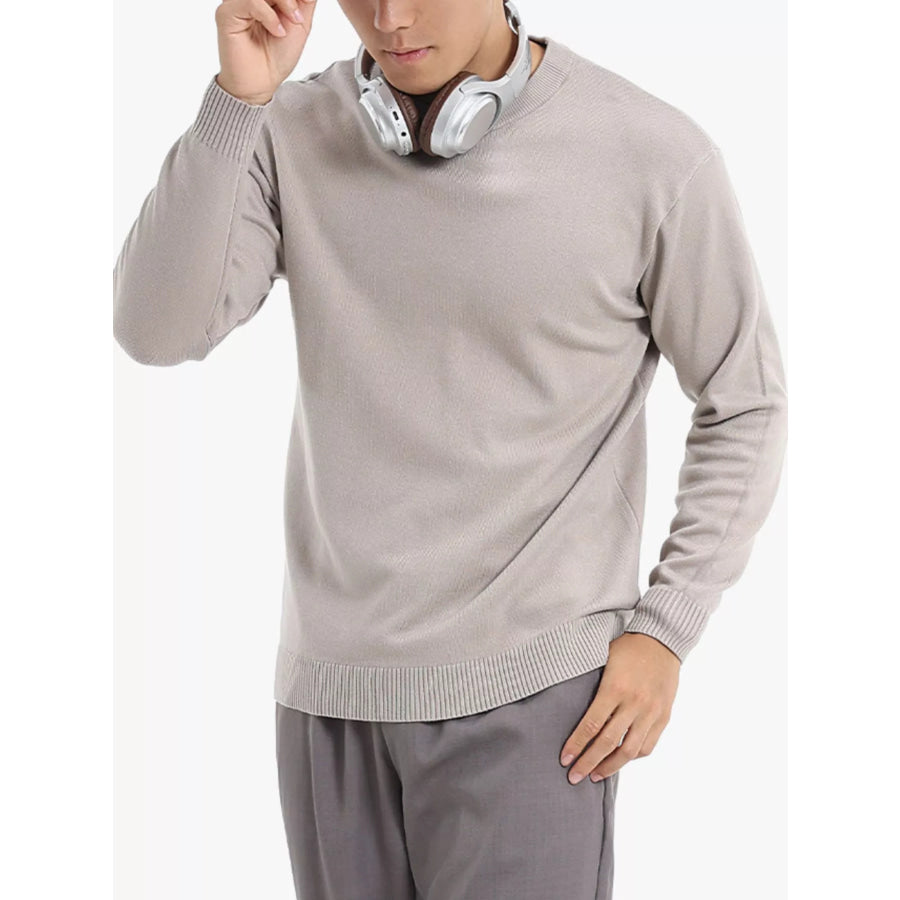 Men’s Minimalist Crew Neck Sweater with Ribbed Cuffs Khaki / M Apparel and Accessories