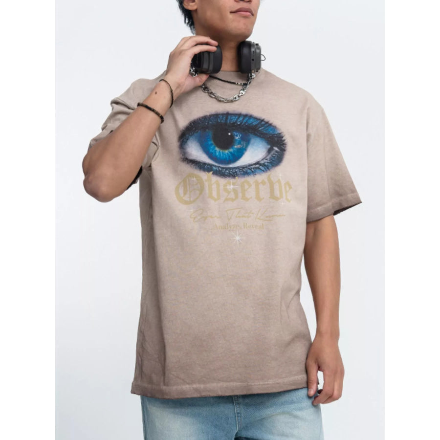 Men’s Oversized Eye Graphic Short Sleeve T-Shirt Khaki / S Apparel and Accessories