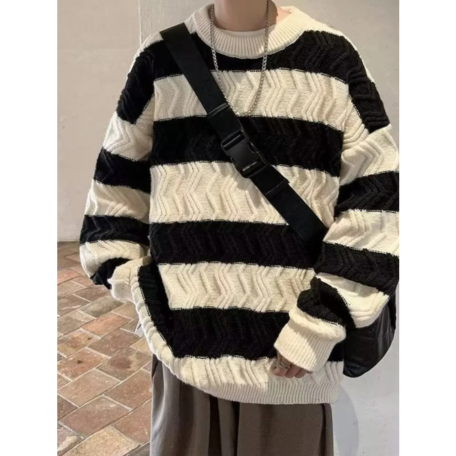 Men’s Oversized Striped Textured Knit Sweater Black / M Apparel and Accessories
