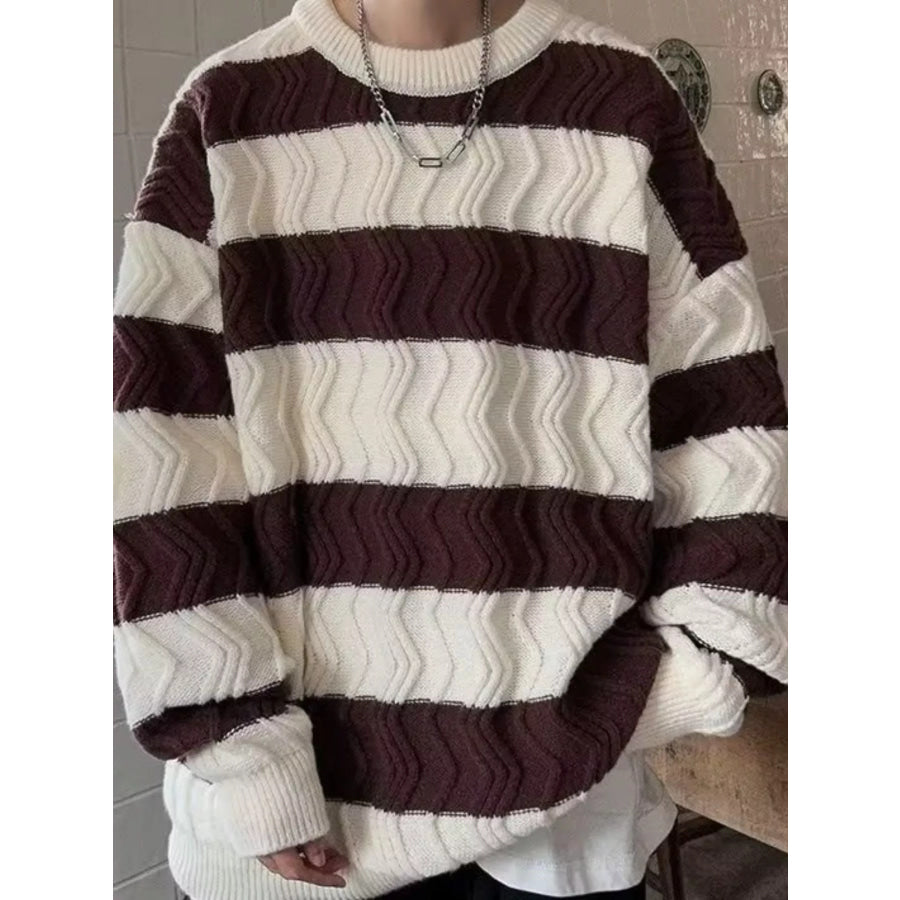 Men’s Oversized Striped Textured Knit Sweater Brown / M Apparel and Accessories