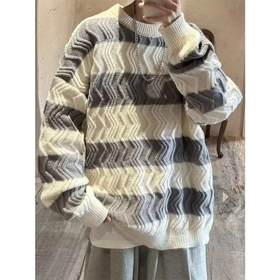 Men’s Oversized Striped Textured Knit Sweater Grey / M Apparel and Accessories