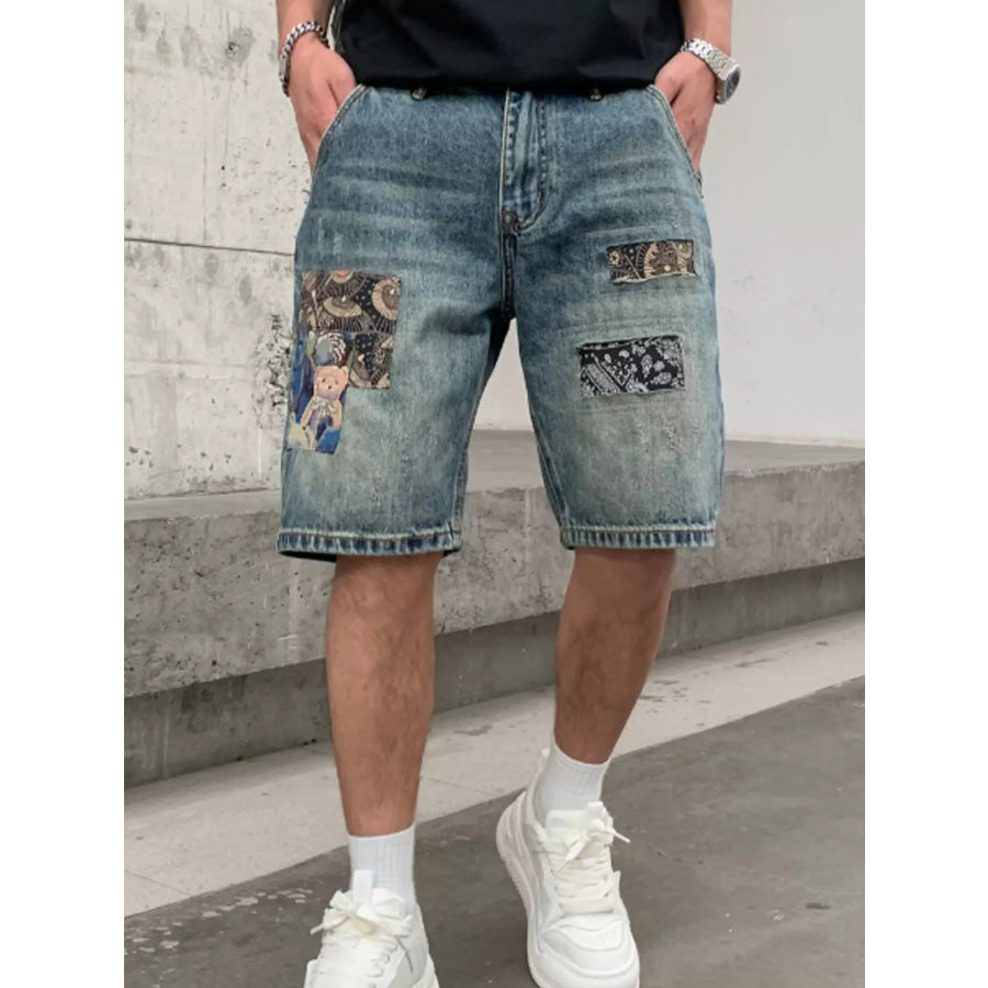 Men’s Patchwork Graphic Denim Shorts Blue / 28 Apparel and Accessories
