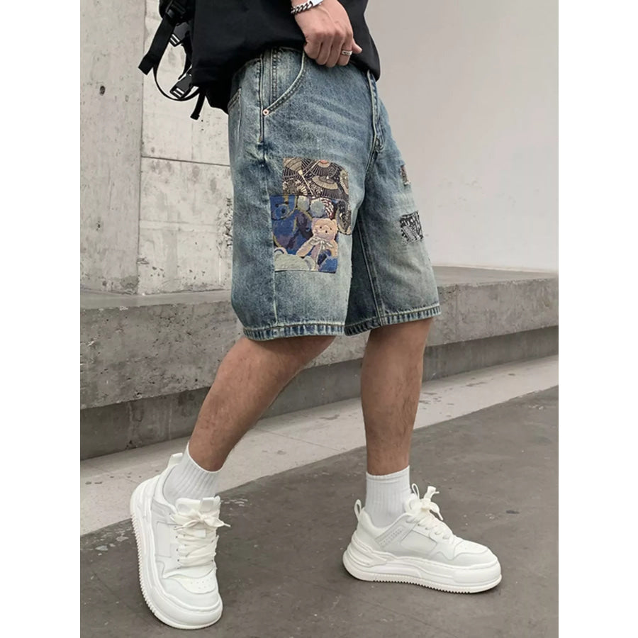 Men’s Patchwork Graphic Denim Shorts Apparel and Accessories
