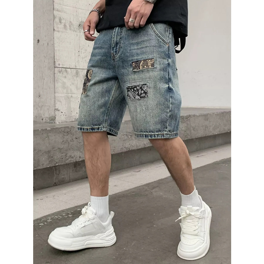 Men’s Patchwork Graphic Denim Shorts Apparel and Accessories